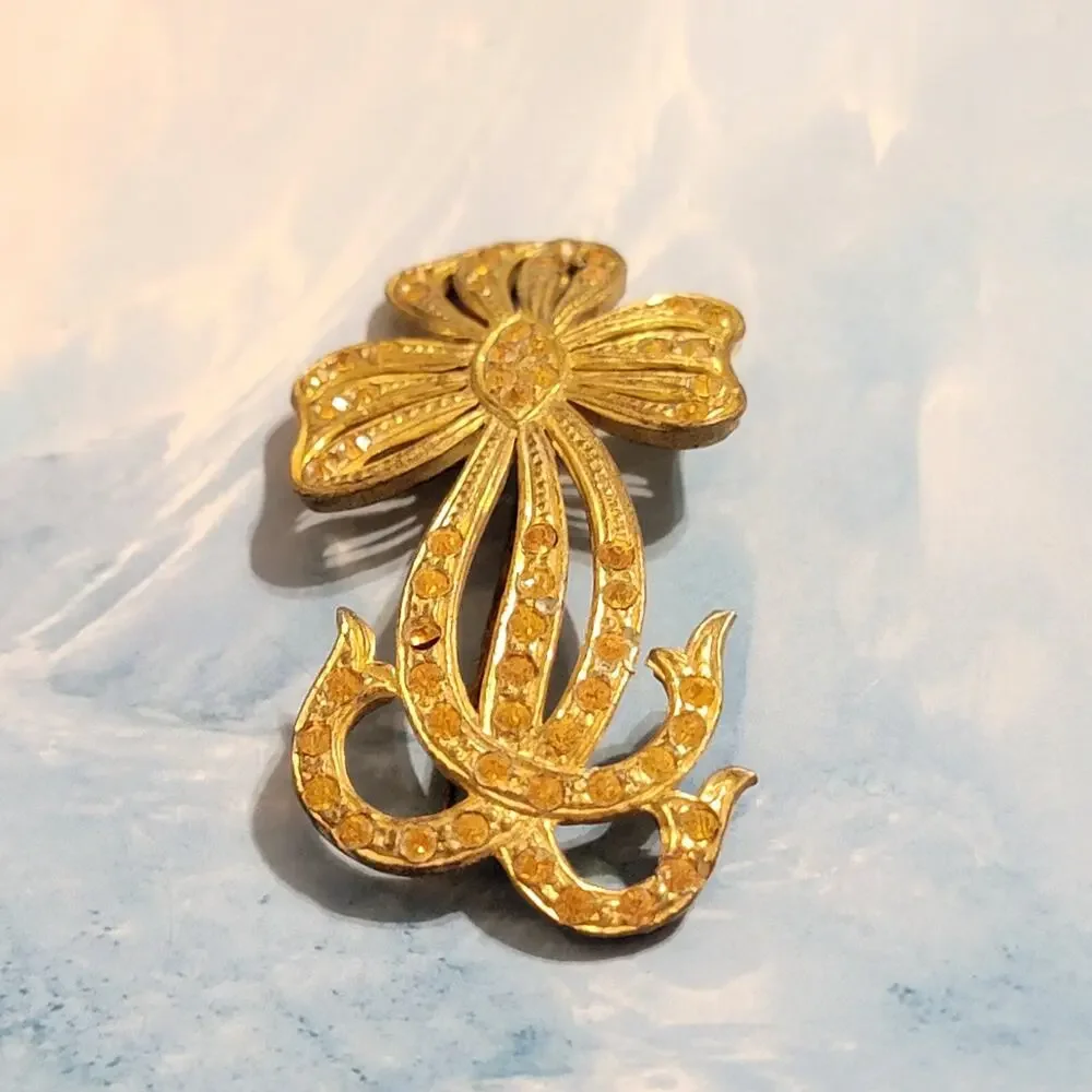 Antique‎ Gold-tone Amber Rhinestone Large Brooch Pin C Hook Victorian fb1-74